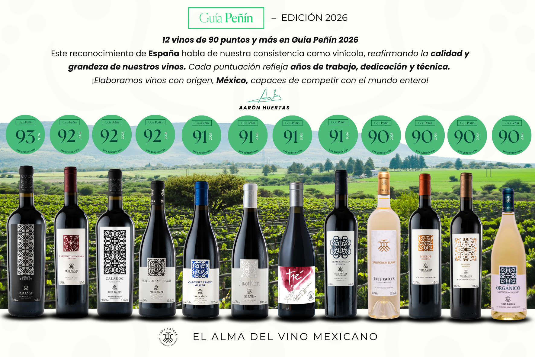 Tres Raíces se consolida como la mejor vinícola puntuada en el estado de Guanajuato y una de las mejores de México en Guía Peñín 2026
